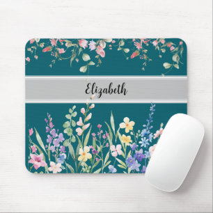 Tapis De Souris Jardin Floral Monogramme Script Turquoise foncé