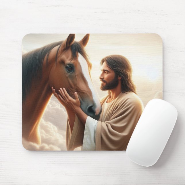 Tapis De Souris Jésus réconfortant un cheval au ciel (Avec souris)