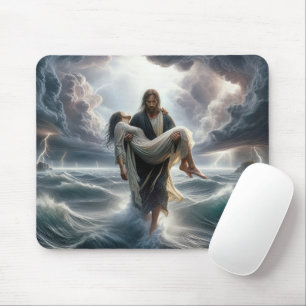 Tapis De Souris Jésus sauve une jeune femme dans une tempête