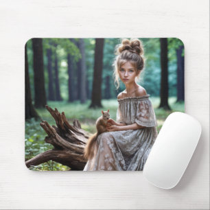 Tapis De Souris Jeune Femme Avec Écureuil De Forêt