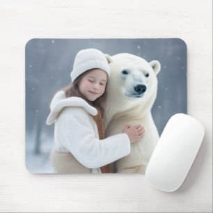 Tapis De Souris Jeune fille qui embrasse un ours polaire