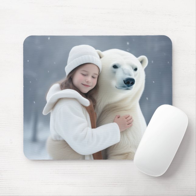 Tapis De Souris Jeune fille qui embrasse un ours polaire (Avec souris)