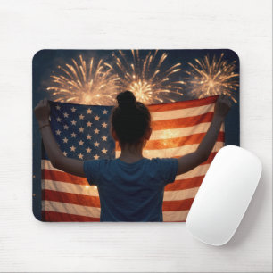Tapis De Souris Jeune Fille Tenant un Drapeau Américain