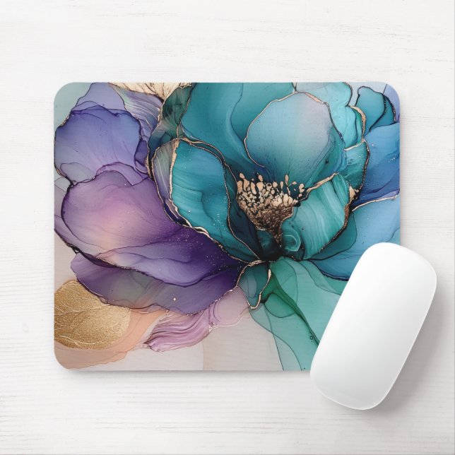 Tapis De Souris Joli Aqua bleu violet or Floral (Avec souris)
