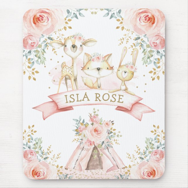 Tapis De Souris Joli Blush Gold Roses Tribal Woodland Animaux (Devant)