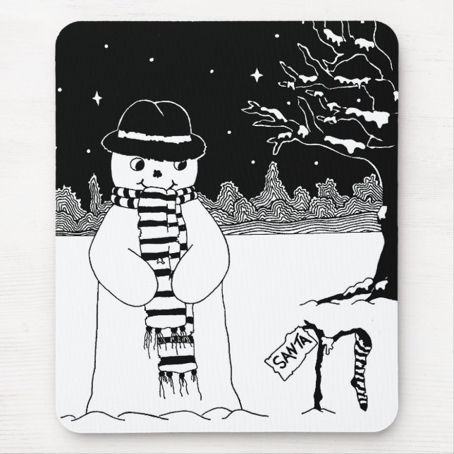 Tapis De Souris Joli bonhomme de neige noir & blanc illustration d (Devant)