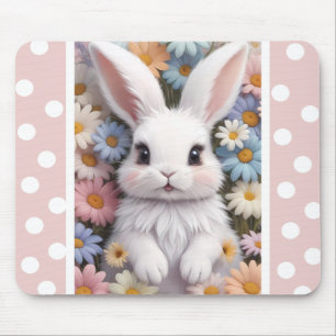 Tapis De Souris Joli Bunny Blanc Pastel Fleurs De Marguerite