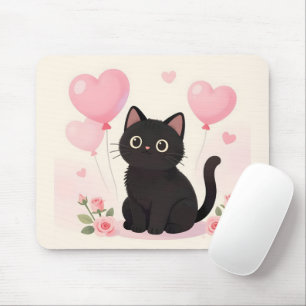 Tapis De Souris Joli chat noir avec des cœurs roses et des fleurs