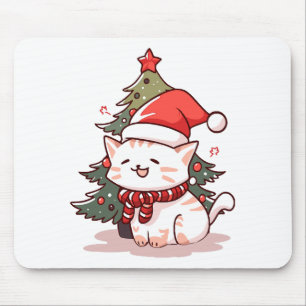 Tapis De Souris Joli chat portant un chapeau de Père Noël près d'u