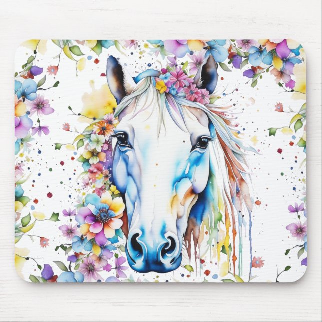 Tapis De Souris Joli Cheval Blanc Floral Violet et Rose (Devant)