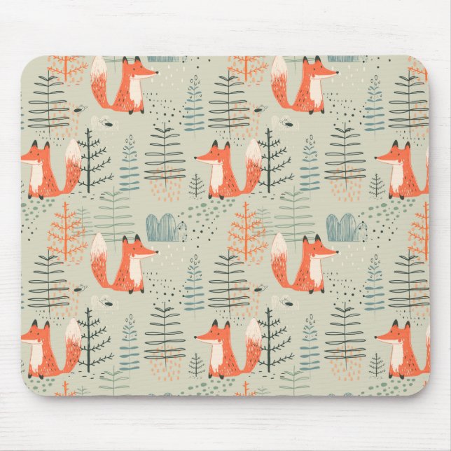 Tapis De Souris Joli Doodle Fox Forest Motif de bois (Devant)