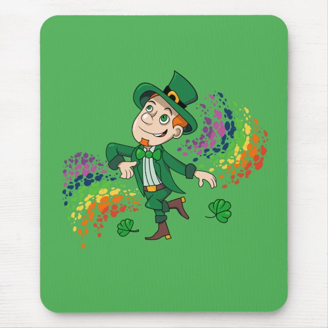 Tapis De Souris Joli et souriant dancing leprechaun, un arc-en-cie (Devant)
