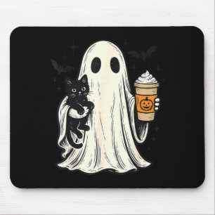 Tapis De Souris Joli fantôme d'Halloween tenant un chat noir Café
