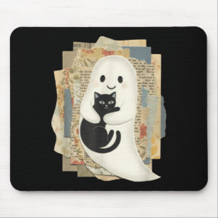 Tapis De Souris Joli fantôme serrant un chat noir Halloween