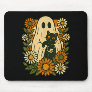 Tapis De Souris Joli fantôme tenant un chat noir floral groovy drô