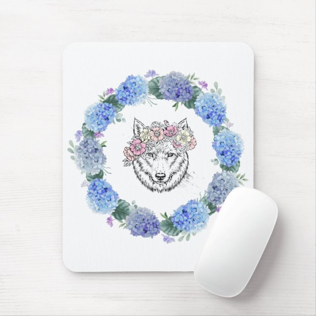 Tapis De Souris Joli floral bleu Hydrangea Wolf Mousepad (Avec souris)