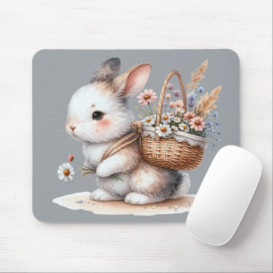 Tapis De Souris Joli lapin aux fleurs Aquarelle Art