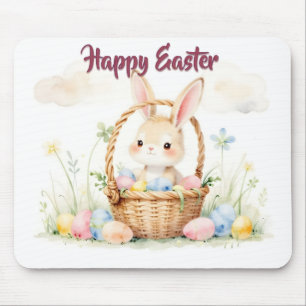 Tapis De Souris Joli lapin de Pâques dans un panier avec des œufs
