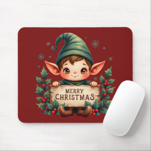 Tapis De Souris Joli Lutin de Noël Tenant un Panneau Joyeux Rouge