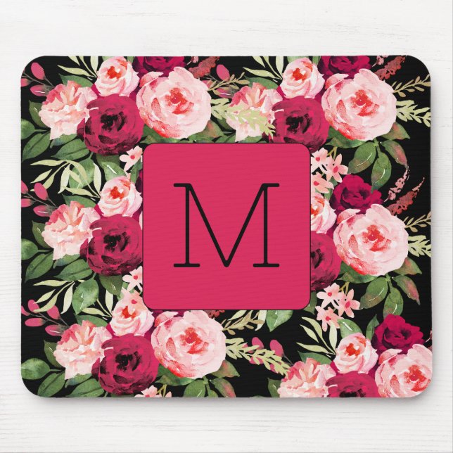 Tapis De Souris Joli monogramme féminin noir et rose floral (Devant)