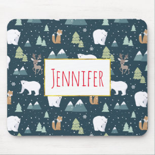 Tapis De Souris Joli Noël Animaux d'hiver Motif rustique