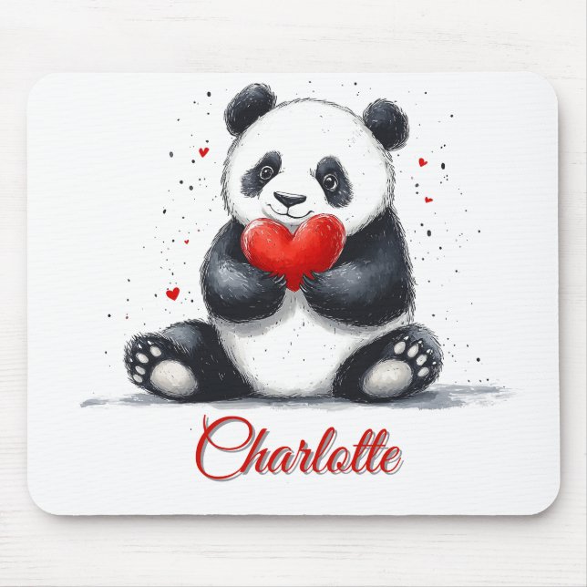 Tapis De Souris Joli panda tenant un cœur avec nom personnalisable (Devant)