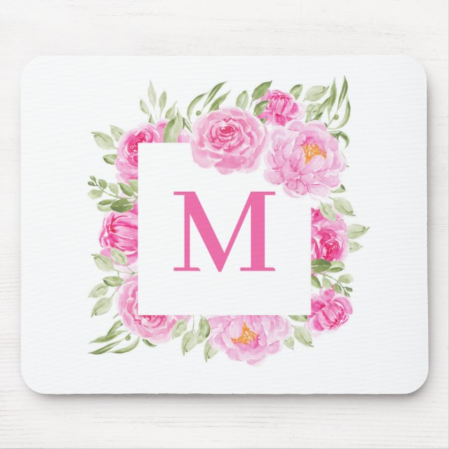 Tapis De Souris Joli Peoné rose Carré Cadre Floral Monogramme (Devant)