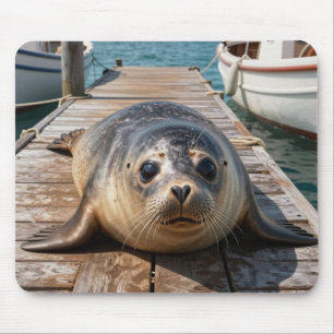 Tapis De Souris Joli phoque allongé sur la jetée de bateau du quai