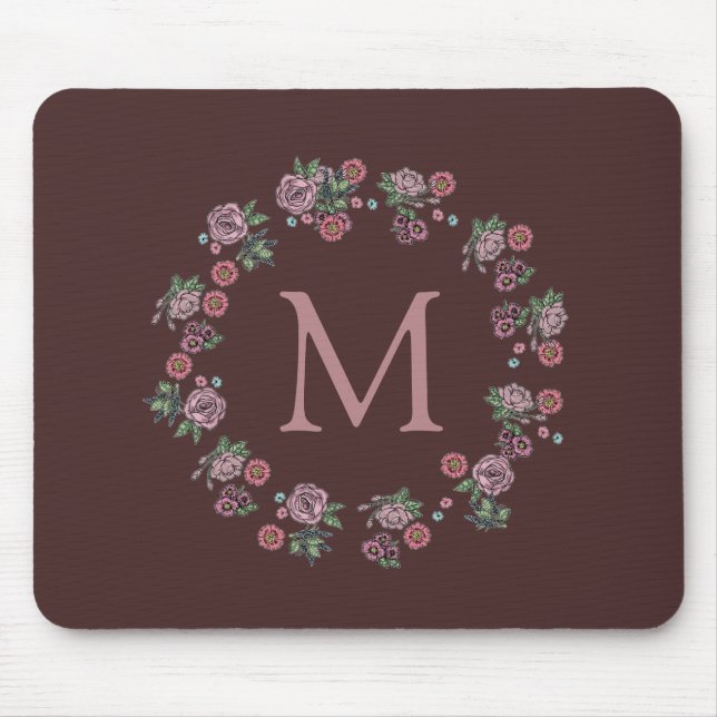 Tapis De Souris Joli rose Roses Wreath Bourgogne Monogramme (Devant)