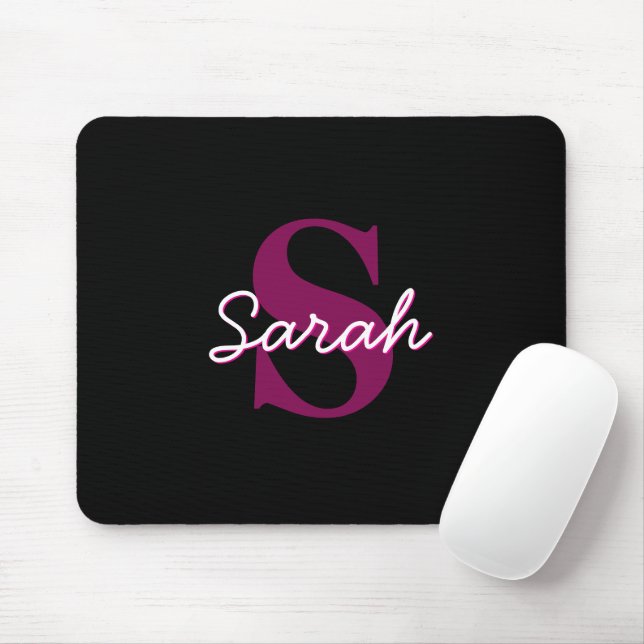 Tapis De Souris Joli script de monogramme rose et noir personnalis (Avec souris)