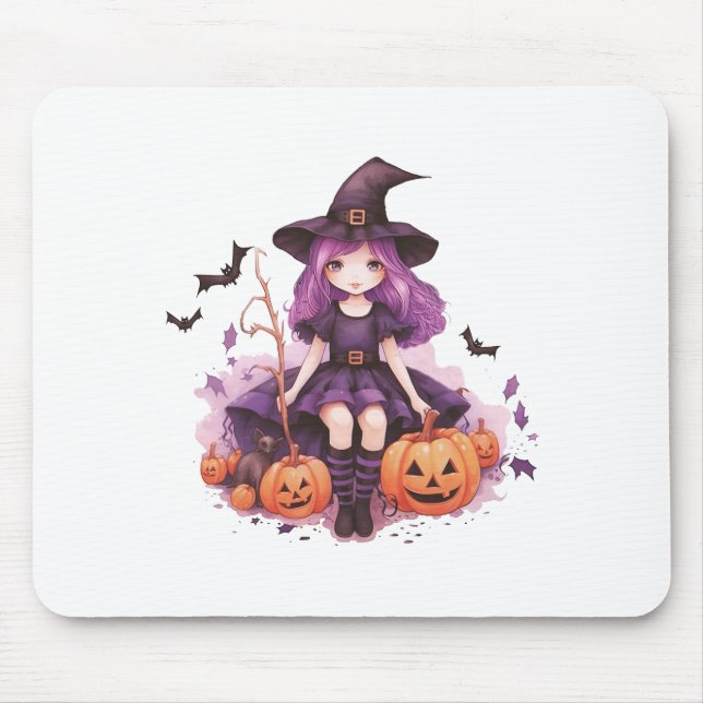 Tapis De Souris Joli violet sorcière haïe Citrouilles et chauves-s (Devant)