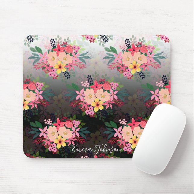 Tapis De Souris Jolie aquarelle Floral Noir Blanc Ombre Design (Avec souris)
