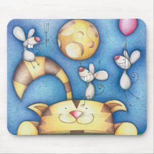 Tapis De Souris Jolie Art Lunaire Fantaisiste de Chat et Souris