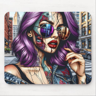 Tapis De Souris Jolie Dame Abstraite colorée aux cheveux violets