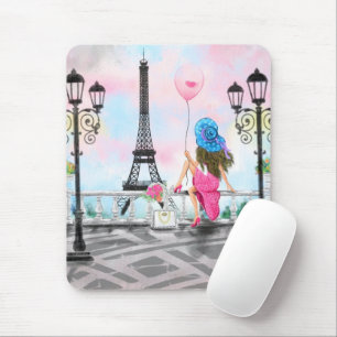 Tapis De Souris Jolie femme et ballon de coeur rose - I Love Paris