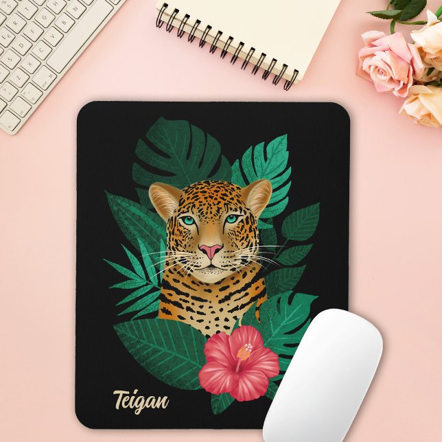 Tapis De Souris Jolie jungle léopard Art Floral | Noir | Nom (Créateur téléchargé)