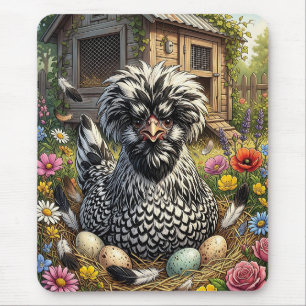 Tapis De Souris Jolie poule polonaise noire et blanche