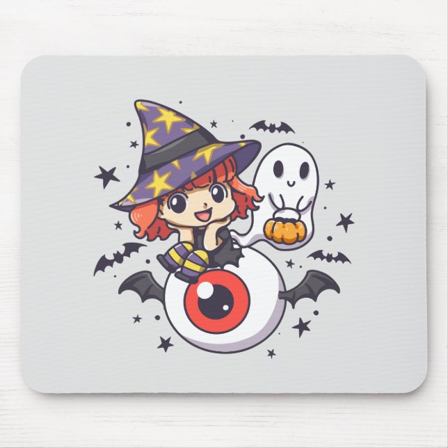 Tapis De Souris Jolie sorcière enfant pour Halloween (Devant)