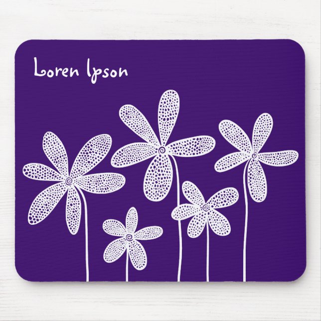 Tapis De Souris Jolies Fleurs - Blanc sur Violet Foncé (Devant)