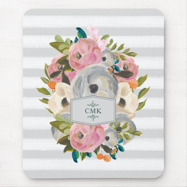 Tapis De Souris Jolies fleurs d'aquarelle avec les rayures grises (Devant)
