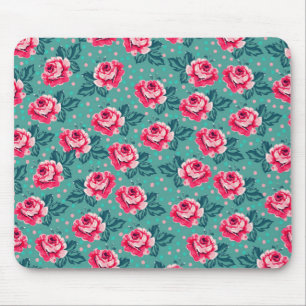 Tapis De Souris Jolies roses roses et motif à pois sur sarcelle