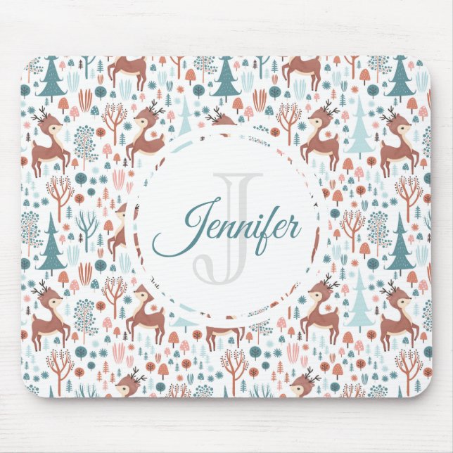 Tapis De Souris Jote Deer dans la forêt lunaire Motif Monogramme (Devant)