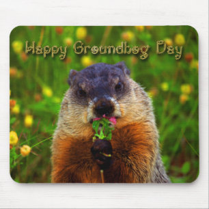 Tapis De Souris Jour de Groundhog heureux mangeant la fleur