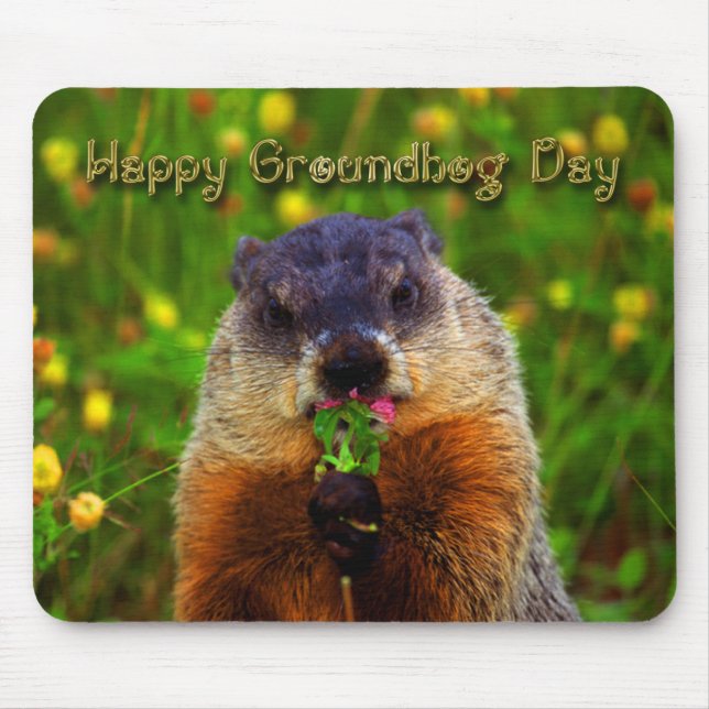 Tapis De Souris Jour de Groundhog heureux mangeant la fleur (Devant)