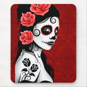 Tapis De Souris Jour de la fille morte de crâne de sucre - rouge