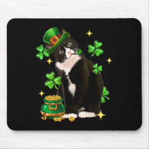 Tapis De Souris Jour de la Saint Patrick Cute Tuxedo Chat Shamrock