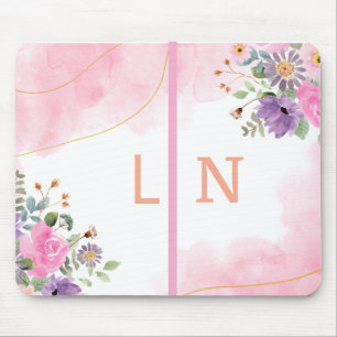 Tapis De Souris Journa de monogramme floral élégant violet rose