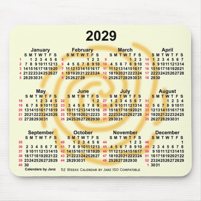 Tapis De Souris Jours ensoleillés 2029 52 semaines Calendrier ISO  (Devant)