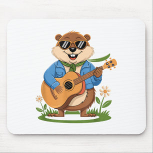 Tapis De Souris Joyeuse Fête Du Marmotte Jouant De La Guitare Drôl