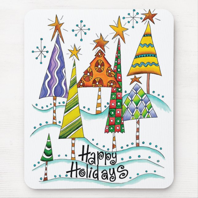 Tapis De Souris Joyeuses fêtes ! De beaux arbres de Noël aux étoil (Devant)